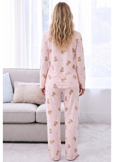 Siyah İnci Desenli Termal Kumaşlı Ultra Soft Yumuşak Örme Pijama Takımı 26226912 Pembe