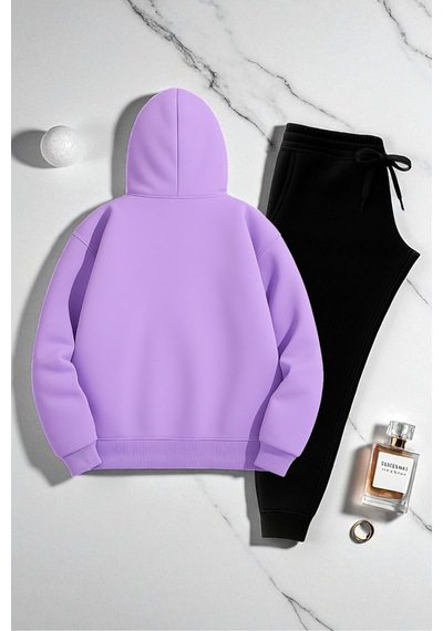 Uyguntarz Unisex Be Happy Baskılı Oversize Sweatshirt Takım Lila