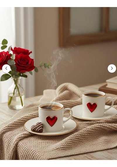 Regna Home Fine Living Love 2 Kişilik Dekorlu Kahve Yanı Su Bardaklı Kadehli 6 Parça Kahve Fincan Takımı Beyaz