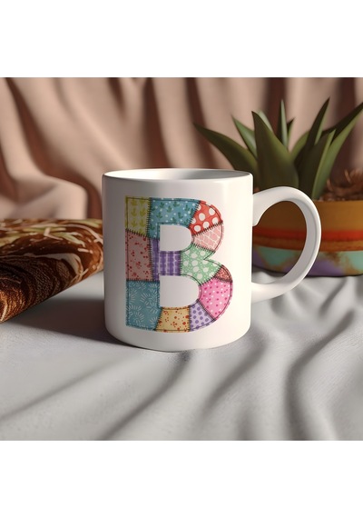 B Harfi Renkli Yamalı Tasarım Kupa Bardak - Bohem Patchwork Desenli Kupa - Etnik Hediyelik Beyaz