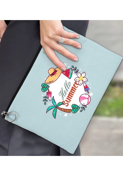 Bk Gift Yaz Temalı-4 Astarlı Açık Mavi Portföy Çanta 30x21cm, Baskılı El Çantası, Organizer Çanta