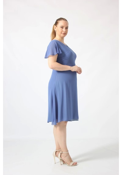 Moda Berray 3297 İndigo Kolu Fırfırlı Bele Oturan Astarlı Şifon Elbise İndigo