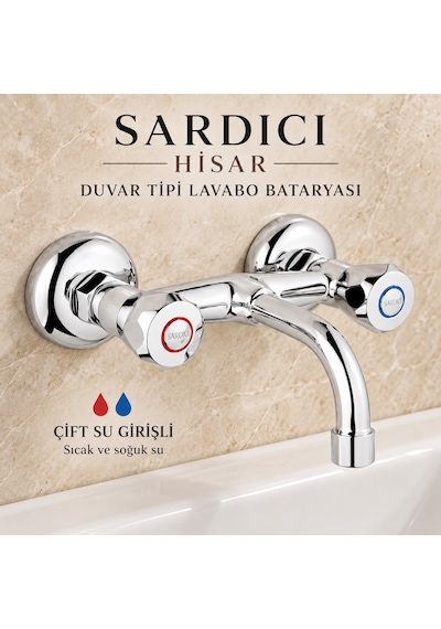 Sardıcı Hisar Krom Duvar Tipi Sabit Lavabo Bataryası Çift Su Girişli Dirsek Rozet Takımı Dahil