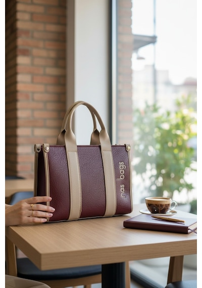 Enoch Kadın El Çantası Kanvas Dokulu Kontrast Şeritli Ve Nakış Logolu Minimalist Tote Çanta Bordo