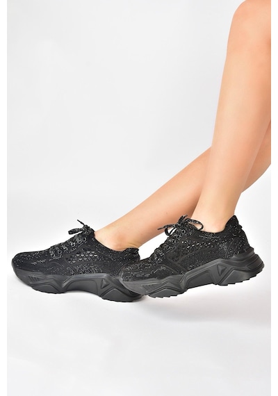 Fox Shoes Siyah Metal Taş Detaylı Kadın Spor Ayakkabı M444302814 Siyah-sim Siyah