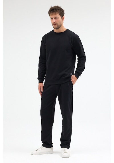 Mmetalic Siyah Relaxed Fit Bisiklet Yaka Sweatshirt Düz Paça Erkek Eşofman Takımı Mtlce3847