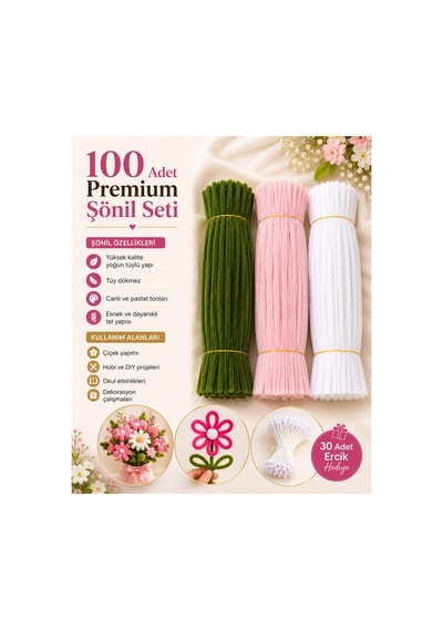 3'lü Set Pastel Pembe 50 , Beyaz 25 , Ordu Yeşili 25 Şönil ,çiçek Yapımına Uygun Tüylü Tel