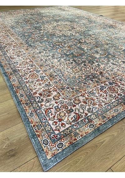 Çam Halı Dream 32-032 Etnik Eskitme Desenli Dokuma Tabanlı Yıkanabilir Şönil Salon Ve Oda Halısı Su Yeşili