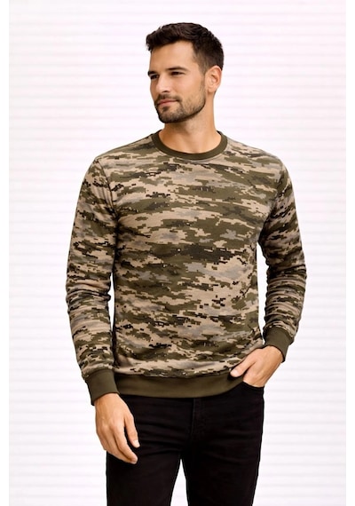 Novalisse Erkek Kamuflaj Desenli 2 İplik 4 Mevsim Uzun Kollu Bisiklet Yaka Sweatshirt - Kamuflaj Çoklu Renk