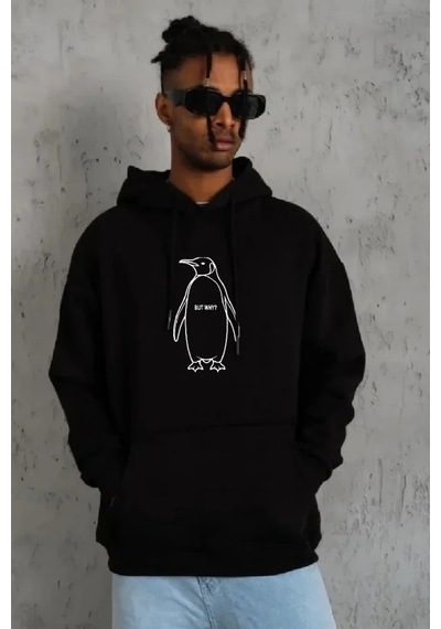 Defymoda Erkek Nihilist Penguen Özel Tasarım Oversize Kapüşonlu Sweatshirt - Siyah