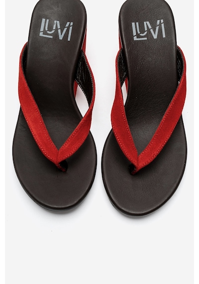 Luvi Shoes Pryon Kırmızı Süet Hakiki Deri Kadın Parmak Arası Dolgu Topuklu Terlik