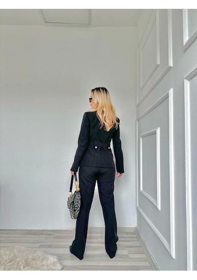 Keymoda Kadın Gold Kemerli Ceket Pantolon Takım Siyah Siyah