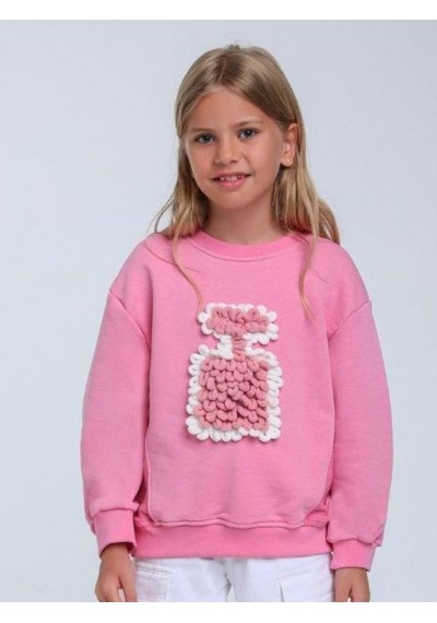 Kız Çocuk Parfüm Şişesi Örgü Detaylı Sweatshirt-14314 Pembe