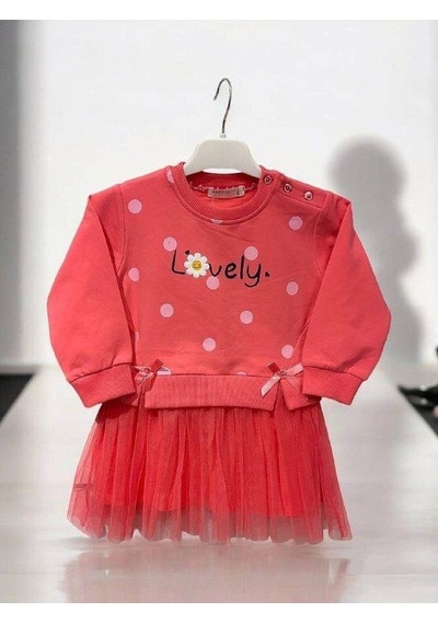 Zekids Kız Bebek Lovely Yazılı Tütü Etekli Pamuk Elbise-14832 Neon Pembe