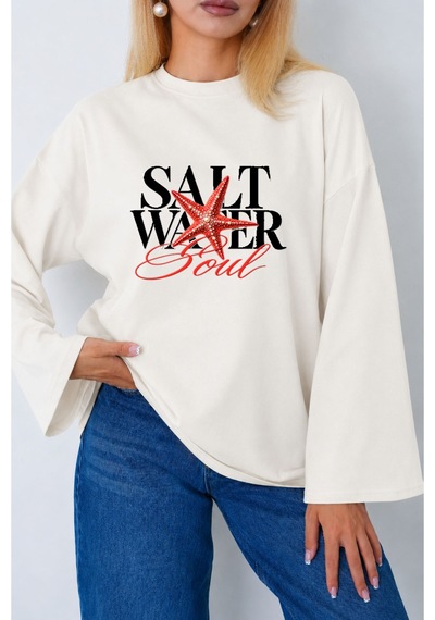 Medinenur Kadın Deniz Yıldızı Salt Water Baskılı Geniş Kollu Oversize Body Ekru
