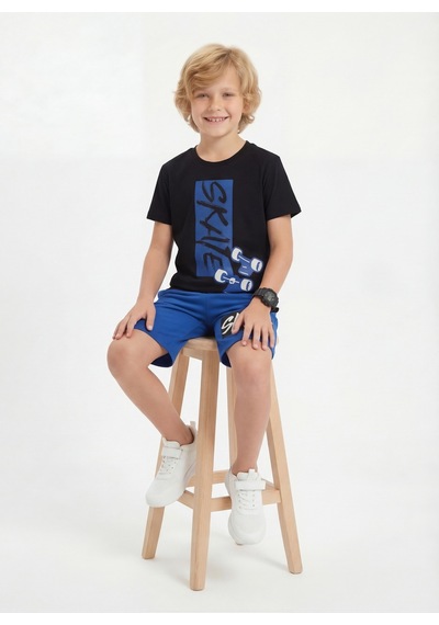 Panios Kids Yuvarlak Yaka Skate Baskı Detaylı Yazlık Erkek Çocuk Alt Üst Takım Mavi