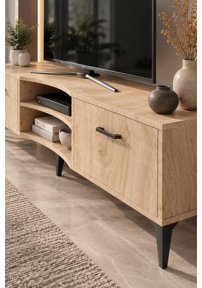 Sulorahome Bej Suntalam Tv Sehpası 160x35 Cm Sepet Desenli Ve Kapaklı