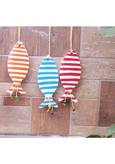 Bodrum Balık Dekoratif Duvar Süsü, Çizgili Balık, Turuncu, Mavi Ve Kırmızı, 3'lü Set