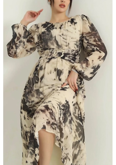 Leiva Home Kadın Ekru Siyah Desenli Şifon Vatkalı Gold Kemerli Uzun Kollu Maxi Leopar Şık Elbise Krem - Siyah Leiva Home Kadın Ekru Siyah Desenli Şifon Vatkalı Gold Kemerli Uzun Kollu Maxi Leopar Şık Elbise Krem - Siyah