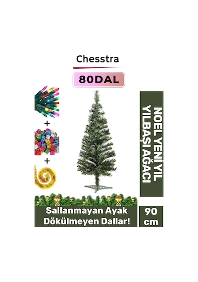 Kutulu Ayaklı Süsleme Seti Yılbaşı Çam Ağacı Renkli Işığı Yeni Yıl Süsleri Noel Paket 90 Cm 80 Dal Standart