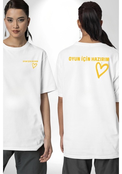 Oyun İçin Hazırım Kalp Beyaz Oversize Unisex Ön Ve Sırt Baskılı Tişört Beyaz