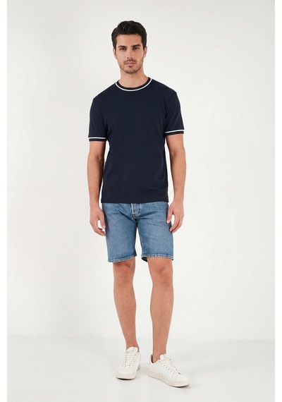 Buratti Pamuklu Bisiklet Yaka Kontrast Şeritli T Shirt Erkek T Shirt 5904034 İndigo