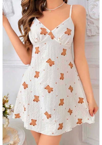 Fulla Moda Ayıcık Desenli İp Askılı Gecelik Beyaz