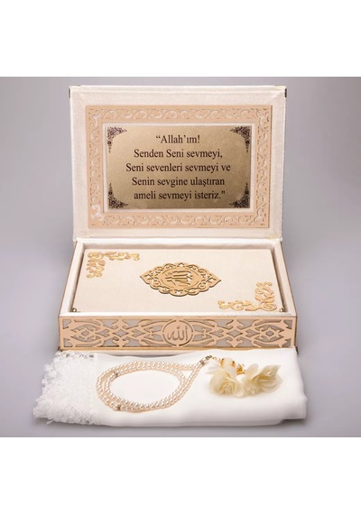 Şal + Tesbih + Kuran Hediye Seti Orta Boy, Şemslafzatullah, Gold Pleksi, Raşel Kutu, Krem