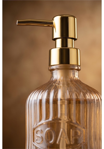 Glassy Dekoratif Cam Sabunluk Gold Pompalı Vintage Çizgili Sıvı Sabun Ve Deterjan Dispenseri - 21.5 Cm X 8 Cm - Turuncu