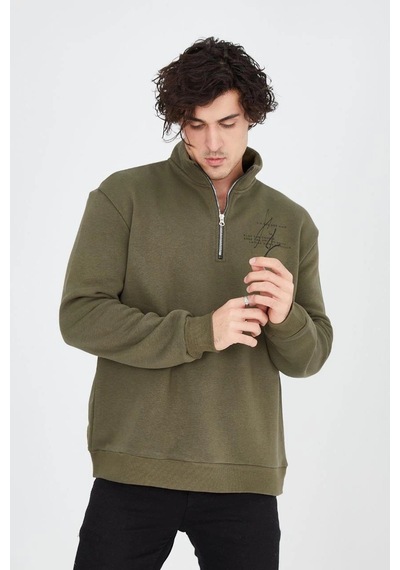 Barlashive Erkek Yarım Fermuarlı Baskılı 3 İplik Pamuklu Sweatshirt - Yeşil Çok Renkli