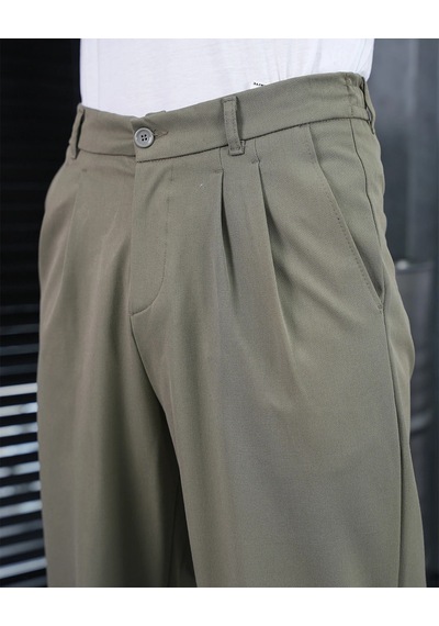 Modefendi Baggy Kesim Pile Detaylı Kumaş Pantolon Haki