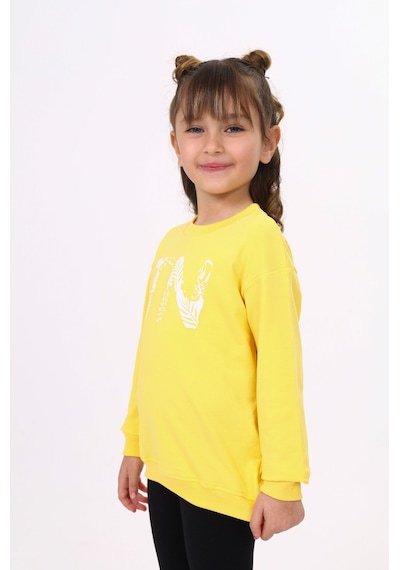 Toontoy Kız Çocuk Relax Fit Bisiklet Yaka Hafif Düşük Omuz Baskılı Sweatshirt - 2 İplik Sarı