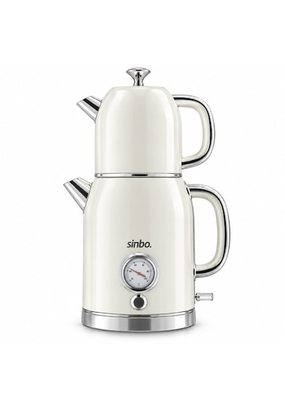 Krem Elektrikli Cam Demlikli Plastik Retro Çay Seti Çaycı Derece Göstergeli 1600w 1.8lt - 1lt Stm-5849
