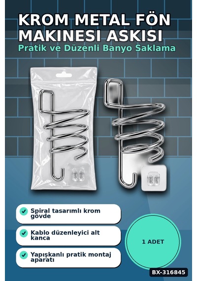 Fön Makinesi Askısı Krom Metal Banyo Fönlük Kendinden Yapışkan Askı Aparatı Bx-316845 Çok renkli