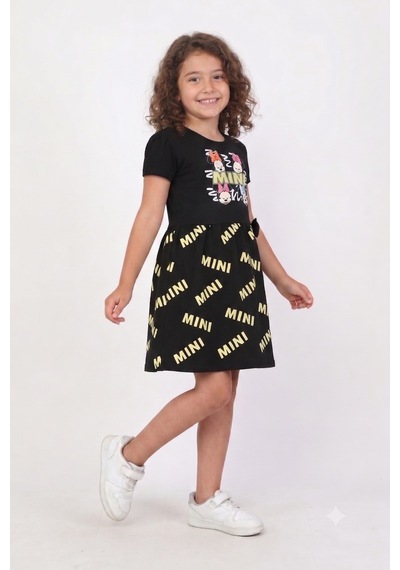 New Kids Baskılı Kız Çocuk Elbise-91196 Siyah