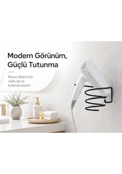 Tr Yapışkanlı Siyah Fön Makinesi Askısı, Delmeden Montajlı Saç Kurutma Makinesi Tutucu, Şeffaf Tabanlı Banyo D Diğer