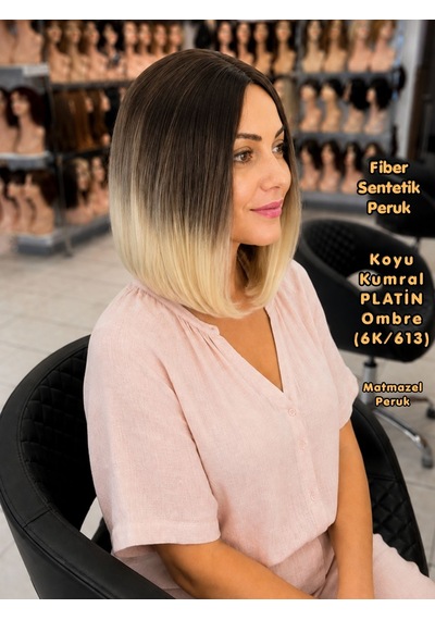 Koyu Kumral Platin Ombre Kısa Fiber Sentetik Peruk
