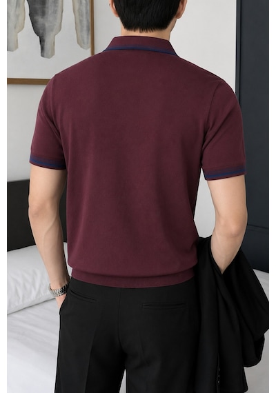 Tarz Cool Erkek Fermuar Yaka Triko Polo Tişört Slim Fit Pamuklu Yazlık Triko Bordo