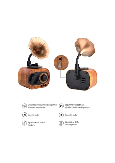 Nostaljik Mini Gramafon Şeklinde Bluetooth Hoparlör Radyo Usb Aux Bluetooth Yüksek Ses Kalitesi Kahverengi - 900480431