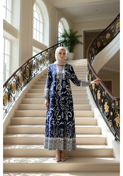 Benerly Kadın Maxi Viskon Dokuma Elbise Hakim Yaka Reglan Kol Etnik Desen Indigo