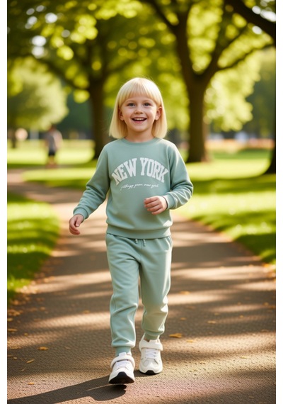 Frm Kız Çocuk Pamuklu New York Baskılı Örme Sweatshirt Ve Eşofman Alt Mint
