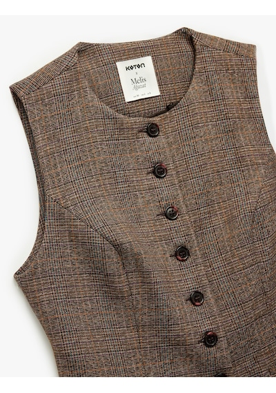 Koton Slim Fit Bisiklet Yaka Düğmeli Ekose Yelek Kahverengi Ekose 7wak20142ew