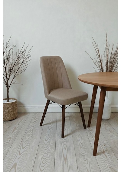 Nora 1 Adet Sandalye - Keten Kumaşlı Sandalye Modern Ahşap Ayaklı Yemek & Çalışma Sandalyesi Minimal Tasarım Cappuccino