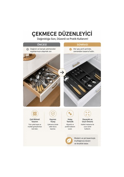 Ayarlanabilir Kaşıklık Bıçaklık Çekmece İçi Mutfak Organizer Düzenleyici Antrasit