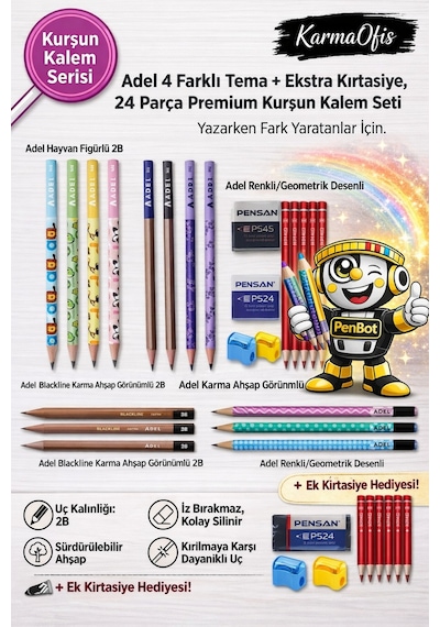 24 Parça Premium Kurşun Kalem Seti + Silgi + Kalemtıraş 2b Çizim Ve Yazı Kalemi Seti Ekru