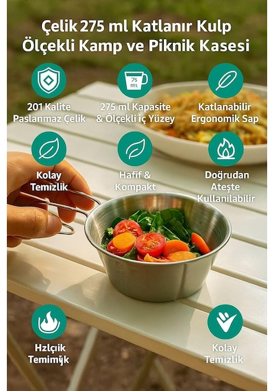 Çelik 275 Ml Katlanır Kulp Ölçekli Kamp Ve Piknik Kasesi Mt102