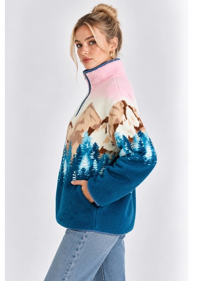 Mevese Cepli Ve Yarım Fermuarlı Dik Yaka Desenli Kadın Oversize Polar Sweat - Pembe-mavi Mevese Cepli Ve Yarım Fermuarlı Dik Yaka Desenli Kadın Oversize Polar Sweat - Pembe-mavi