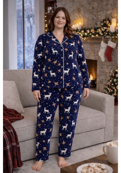Nisanca Kışlık Yılbaşı Desenli Kadın Gömlek Polar Pijama Takımı- Geyikli Yılbaşı Pijaması- Büyük Beden Pijama Lacivert Nisanca Kışlık Yılbaşı Desenli Kadın Gömlek Polar Pijama Takımı- Geyikli Yılbaşı Pijaması- Büyük Beden Pijama Lacivert