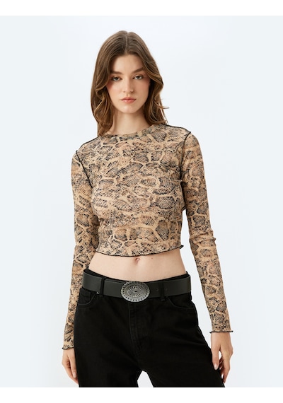 Koton Slim Fit Bisiklet Yaka Uzun Kollu Yılan Derisi Baskılı Crop Tişört Kahverengi Desenli 5wak50211ek Kahverengi Koton Slim Fit Bisiklet Yaka Uzun Kollu Yılan Derisi Baskılı Crop Tişört Kahverengi Desenli 5wak50211ek Kahverengi