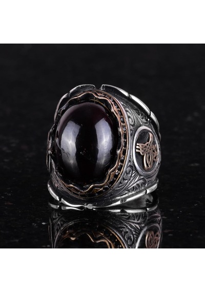 925 Ayar Gümüş Yüzük, Gerçek Doğal Garnet Taşlı Yüzük, Osmanlı Tuğra Yüzüğü Gümüş